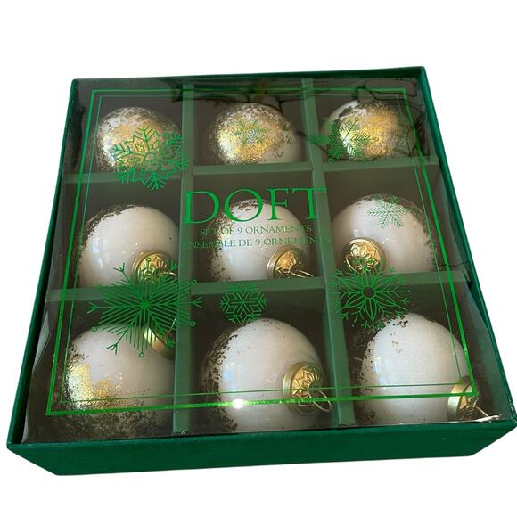 DOFT White & Gold Glass Christmas Ornaments 3in Set of 9 Holiday Glam New - Picture 4 of 16